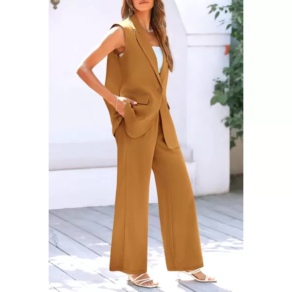 imagePRETTYGARDEN Womens 2 Piece Outfits Sleeveless Suit Vest and Wide Leg Pants Business Casual Blazer SetsBrown Yellow