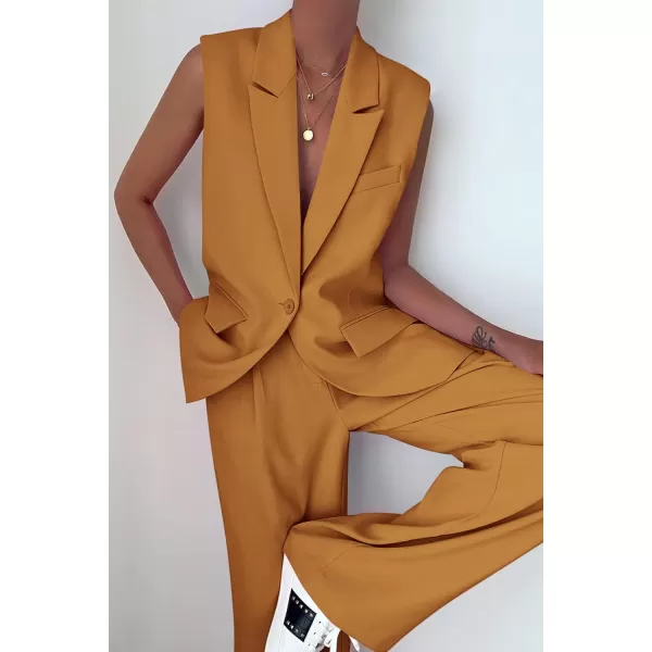 imagePRETTYGARDEN Womens 2 Piece Outfits Sleeveless Suit Vest and Wide Leg Pants Business Casual Blazer SetsBrown Yellow