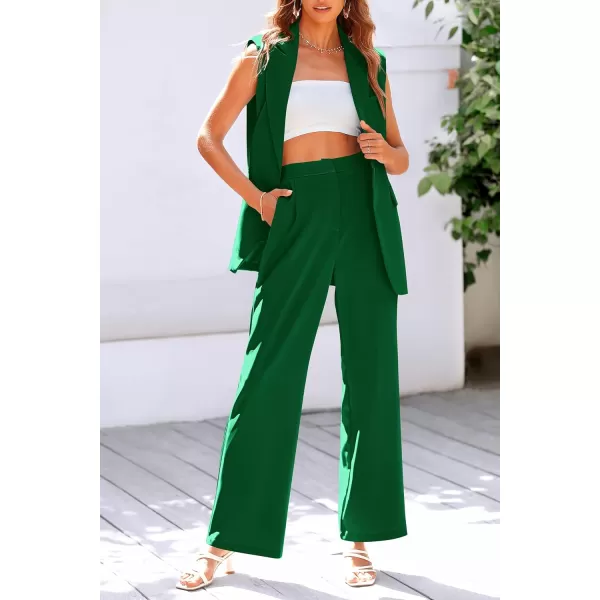 imagePRETTYGARDEN Womens 2 Piece Outfits Sleeveless Suit Vest and Wide Leg Pants Business Casual Blazer SetsGreen