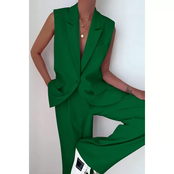 imagePRETTYGARDEN Womens 2 Piece Outfits Sleeveless Suit Vest and Wide Leg Pants Business Casual Blazer SetsGreen