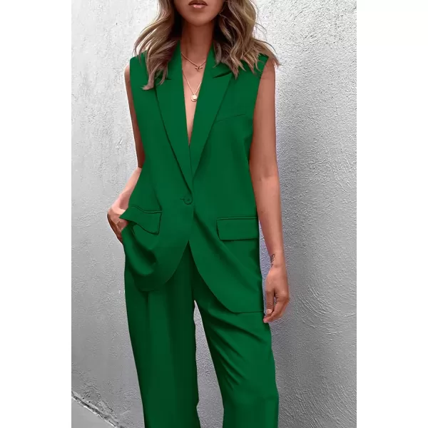 imagePRETTYGARDEN Womens 2 Piece Outfits Sleeveless Suit Vest and Wide Leg Pants Business Casual Blazer SetsGreen