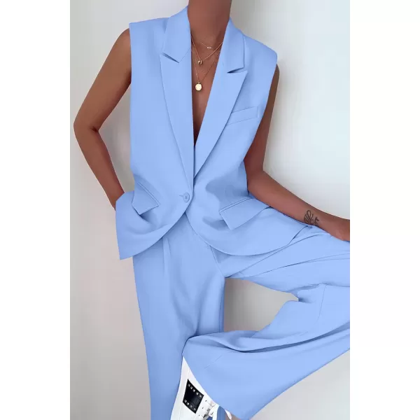 imagePRETTYGARDEN Womens 2 Piece Outfits Sleeveless Suit Vest and Wide Leg Pants Business Casual Blazer SetsLight Blue