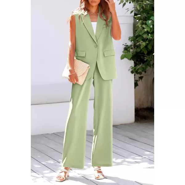 imagePRETTYGARDEN Womens 2 Piece Outfits Sleeveless Suit Vest and Wide Leg Pants Business Casual Blazer SetsLight Green