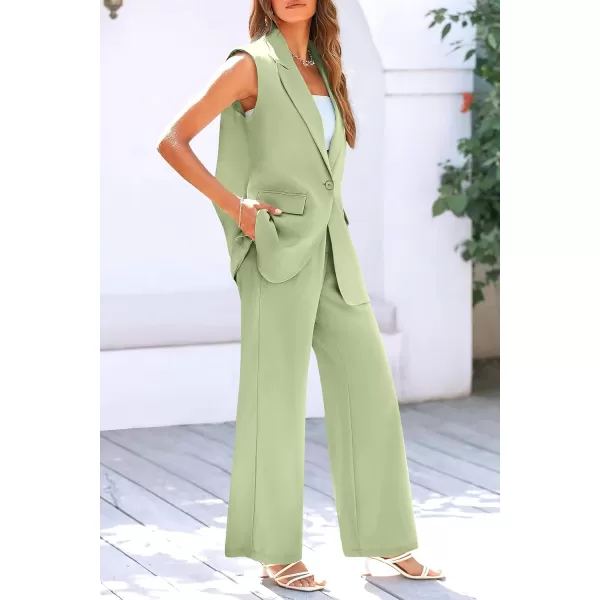 imagePRETTYGARDEN Womens 2 Piece Outfits Sleeveless Suit Vest and Wide Leg Pants Business Casual Blazer SetsLight Green