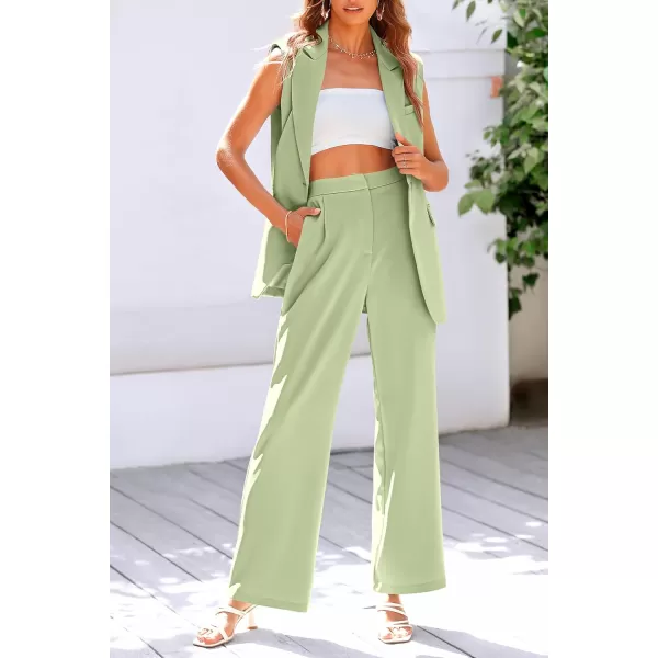 imagePRETTYGARDEN Womens 2 Piece Outfits Sleeveless Suit Vest and Wide Leg Pants Business Casual Blazer SetsLight Green
