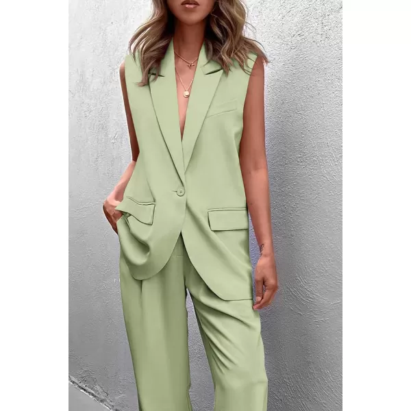 imagePRETTYGARDEN Womens 2 Piece Outfits Sleeveless Suit Vest and Wide Leg Pants Business Casual Blazer SetsLight Green