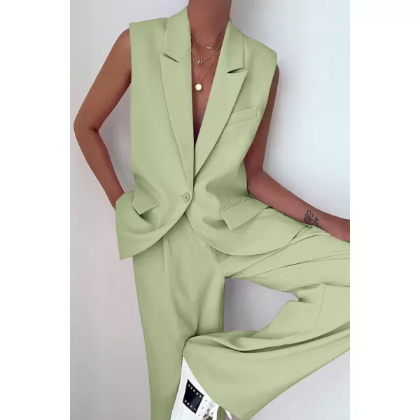 imagePRETTYGARDEN Womens 2 Piece Outfits Sleeveless Suit Vest and Wide Leg Pants Business Casual Blazer SetsLight Green