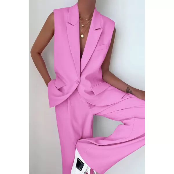 imagePRETTYGARDEN Womens 2 Piece Outfits Sleeveless Suit Vest and Wide Leg Pants Business Casual Blazer SetsPink