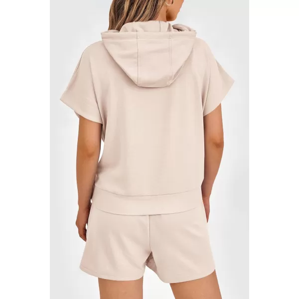 imagePRETTYGARDEN Womens 2 Piece Outfits Summer Cap Sleeve Hoodie Tops And Lounge Shorts Sweatsuits SetsBeige