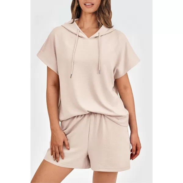 imagePRETTYGARDEN Womens 2 Piece Outfits Summer Cap Sleeve Hoodie Tops And Lounge Shorts Sweatsuits SetsBeige