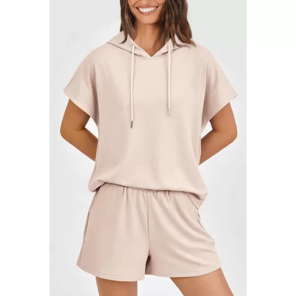 imagePRETTYGARDEN Womens 2 Piece Outfits Summer Cap Sleeve Hoodie Tops And Lounge Shorts Sweatsuits SetsBeige