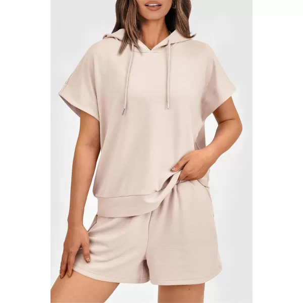 imagePRETTYGARDEN Womens 2 Piece Outfits Summer Cap Sleeve Hoodie Tops And Lounge Shorts Sweatsuits SetsBeige