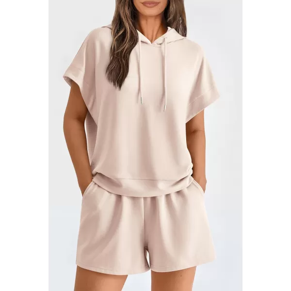 imagePRETTYGARDEN Womens 2 Piece Outfits Summer Cap Sleeve Hoodie Tops And Lounge Shorts Sweatsuits SetsBeige