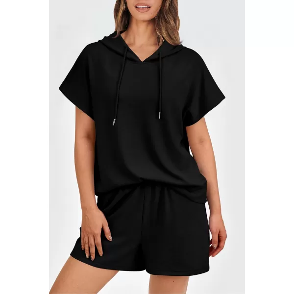 imagePRETTYGARDEN Womens 2 Piece Outfits Summer Cap Sleeve Hoodie Tops And Lounge Shorts Sweatsuits SetsBlack