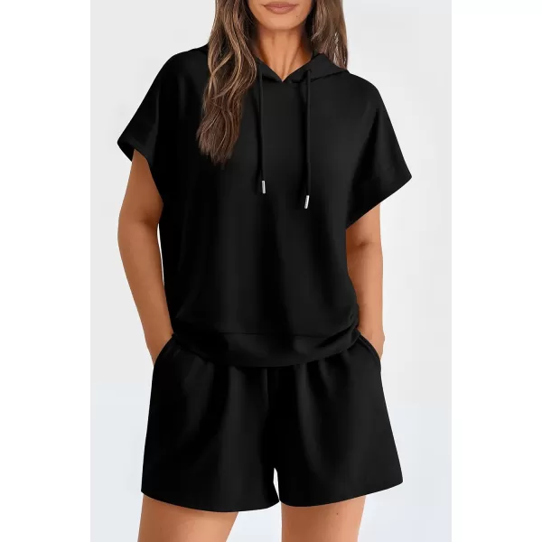 imagePRETTYGARDEN Womens 2 Piece Outfits Summer Cap Sleeve Hoodie Tops And Lounge Shorts Sweatsuits SetsBlack