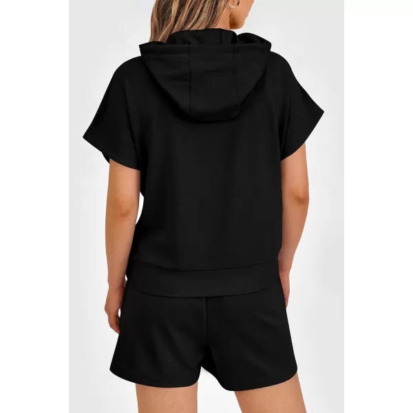 imagePRETTYGARDEN Womens 2 Piece Outfits Summer Cap Sleeve Hoodie Tops And Lounge Shorts Sweatsuits SetsBlack