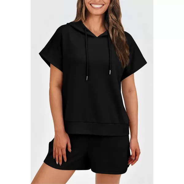 imagePRETTYGARDEN Womens 2 Piece Outfits Summer Cap Sleeve Hoodie Tops And Lounge Shorts Sweatsuits SetsBlack
