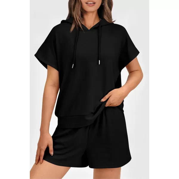 imagePRETTYGARDEN Womens 2 Piece Outfits Summer Cap Sleeve Hoodie Tops And Lounge Shorts Sweatsuits SetsBlack
