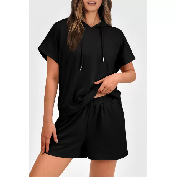 imagePRETTYGARDEN Womens 2 Piece Outfits Summer Cap Sleeve Hoodie Tops And Lounge Shorts Sweatsuits SetsBlack