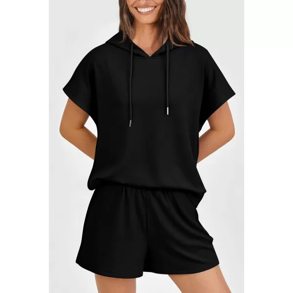 imagePRETTYGARDEN Womens 2 Piece Outfits Summer Cap Sleeve Hoodie Tops And Lounge Shorts Sweatsuits SetsBlack