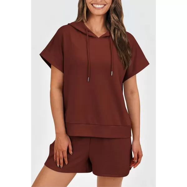 imagePRETTYGARDEN Womens 2 Piece Outfits Summer Cap Sleeve Hoodie Tops And Lounge Shorts Sweatsuits SetsBrick Red