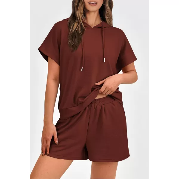 imagePRETTYGARDEN Womens 2 Piece Outfits Summer Cap Sleeve Hoodie Tops And Lounge Shorts Sweatsuits SetsBrick Red