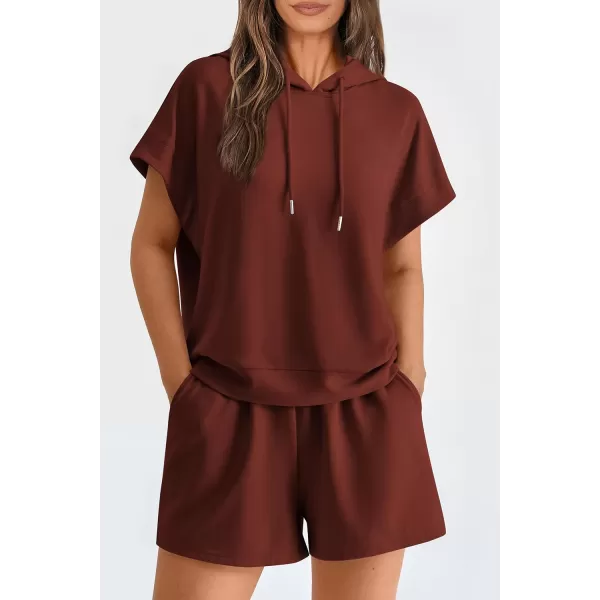 imagePRETTYGARDEN Womens 2 Piece Outfits Summer Cap Sleeve Hoodie Tops And Lounge Shorts Sweatsuits SetsBrick Red