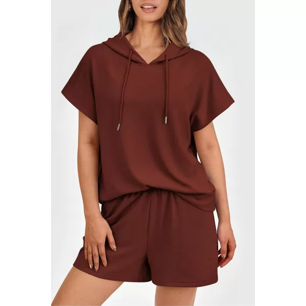 imagePRETTYGARDEN Womens 2 Piece Outfits Summer Cap Sleeve Hoodie Tops And Lounge Shorts Sweatsuits SetsBrick Red