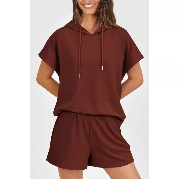 imagePRETTYGARDEN Womens 2 Piece Outfits Summer Cap Sleeve Hoodie Tops And Lounge Shorts Sweatsuits SetsBrick Red