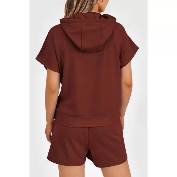 imagePRETTYGARDEN Womens 2 Piece Outfits Summer Cap Sleeve Hoodie Tops And Lounge Shorts Sweatsuits SetsBrick Red