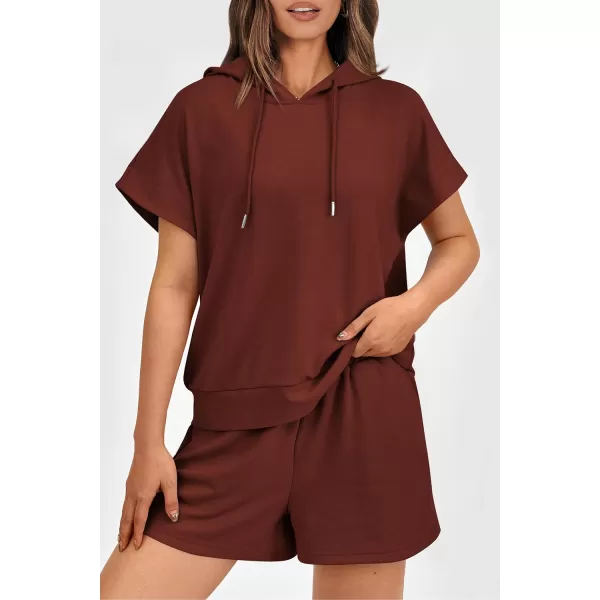 imagePRETTYGARDEN Womens 2 Piece Outfits Summer Cap Sleeve Hoodie Tops And Lounge Shorts Sweatsuits SetsBrick Red