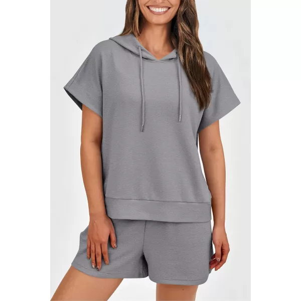 imagePRETTYGARDEN Womens 2 Piece Outfits Summer Cap Sleeve Hoodie Tops And Lounge Shorts Sweatsuits SetsGrey