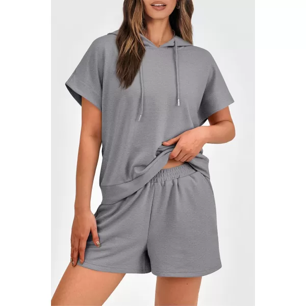 imagePRETTYGARDEN Womens 2 Piece Outfits Summer Cap Sleeve Hoodie Tops And Lounge Shorts Sweatsuits SetsGrey