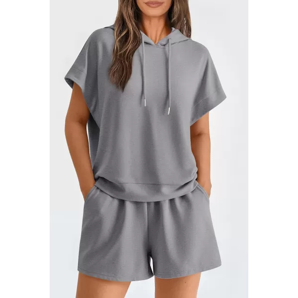 imagePRETTYGARDEN Womens 2 Piece Outfits Summer Cap Sleeve Hoodie Tops And Lounge Shorts Sweatsuits SetsGrey
