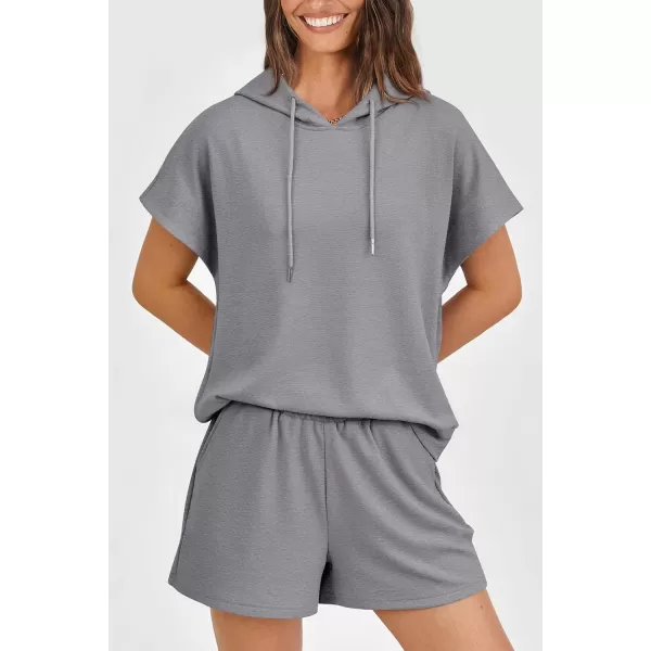 imagePRETTYGARDEN Womens 2 Piece Outfits Summer Cap Sleeve Hoodie Tops And Lounge Shorts Sweatsuits SetsGrey