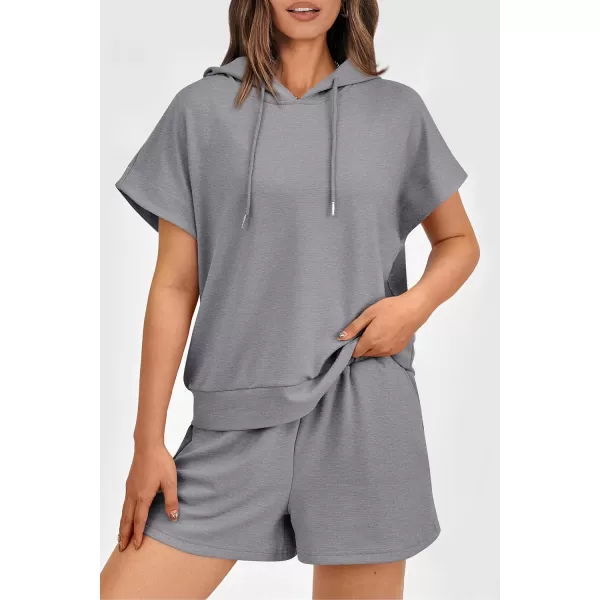 imagePRETTYGARDEN Womens 2 Piece Outfits Summer Cap Sleeve Hoodie Tops And Lounge Shorts Sweatsuits SetsGrey