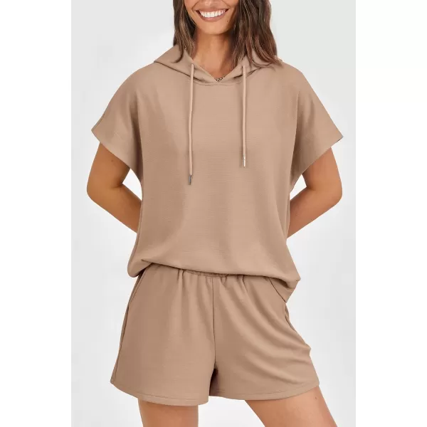 imagePRETTYGARDEN Womens 2 Piece Outfits Summer Cap Sleeve Hoodie Tops And Lounge Shorts Sweatsuits SetsKhaki
