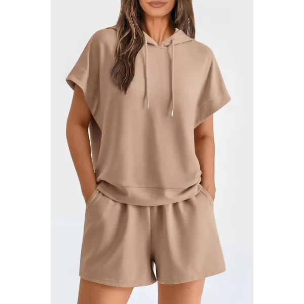 imagePRETTYGARDEN Womens 2 Piece Outfits Summer Cap Sleeve Hoodie Tops And Lounge Shorts Sweatsuits SetsKhaki