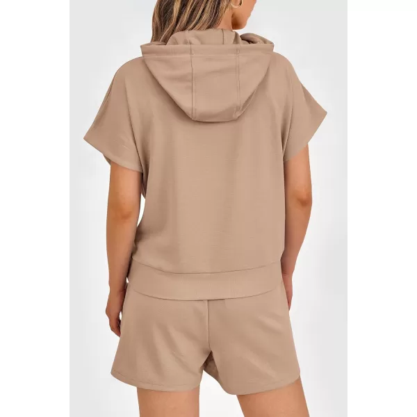 imagePRETTYGARDEN Womens 2 Piece Outfits Summer Cap Sleeve Hoodie Tops And Lounge Shorts Sweatsuits SetsKhaki