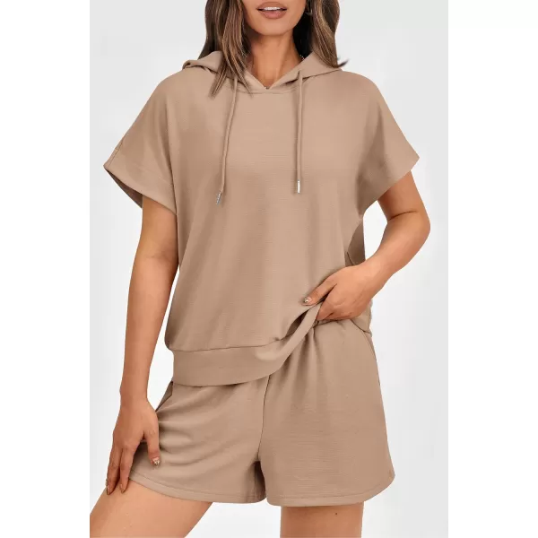 imagePRETTYGARDEN Womens 2 Piece Outfits Summer Cap Sleeve Hoodie Tops And Lounge Shorts Sweatsuits SetsKhaki