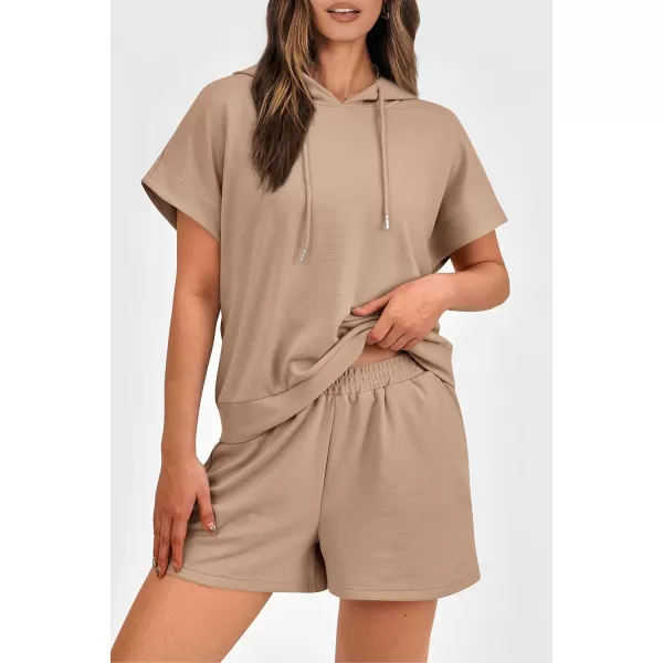 imagePRETTYGARDEN Womens 2 Piece Outfits Summer Cap Sleeve Hoodie Tops And Lounge Shorts Sweatsuits SetsKhaki