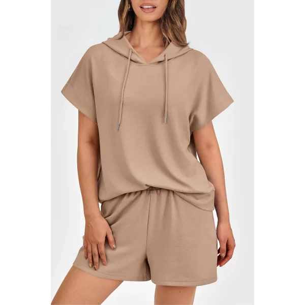 imagePRETTYGARDEN Womens 2 Piece Outfits Summer Cap Sleeve Hoodie Tops And Lounge Shorts Sweatsuits SetsKhaki