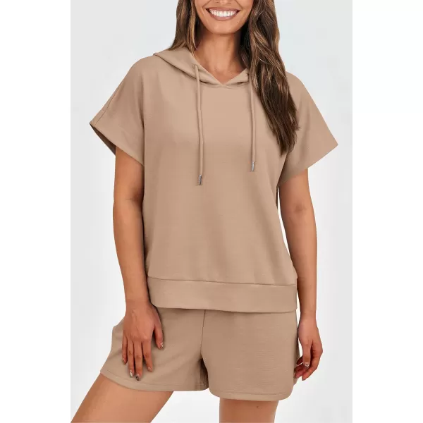 imagePRETTYGARDEN Womens 2 Piece Outfits Summer Cap Sleeve Hoodie Tops And Lounge Shorts Sweatsuits SetsKhaki