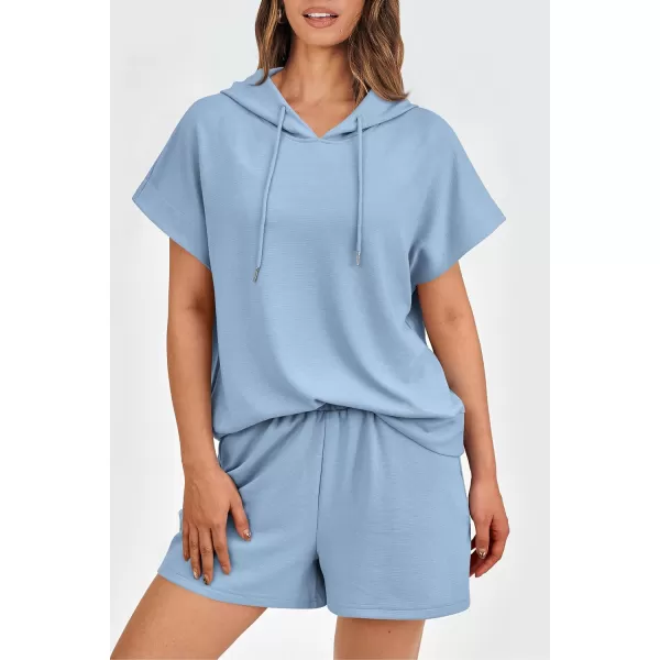imagePRETTYGARDEN Womens 2 Piece Outfits Summer Cap Sleeve Hoodie Tops And Lounge Shorts Sweatsuits SetsLight Blue