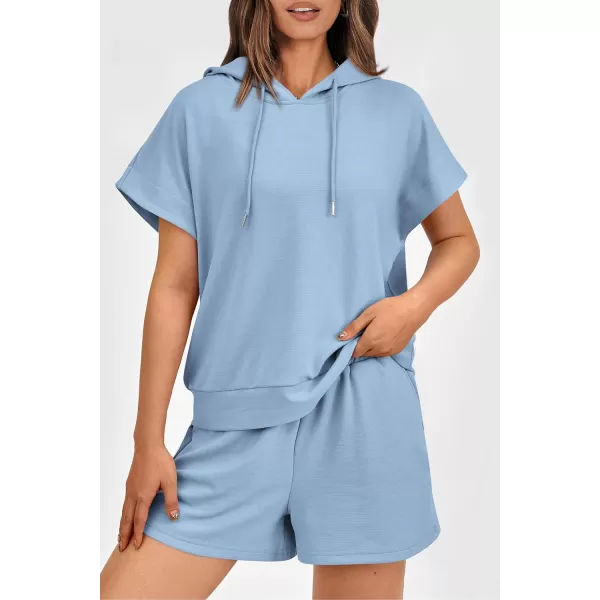 imagePRETTYGARDEN Womens 2 Piece Outfits Summer Cap Sleeve Hoodie Tops And Lounge Shorts Sweatsuits SetsLight Blue