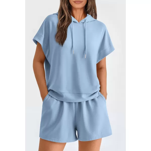 imagePRETTYGARDEN Womens 2 Piece Outfits Summer Cap Sleeve Hoodie Tops And Lounge Shorts Sweatsuits SetsLight Blue