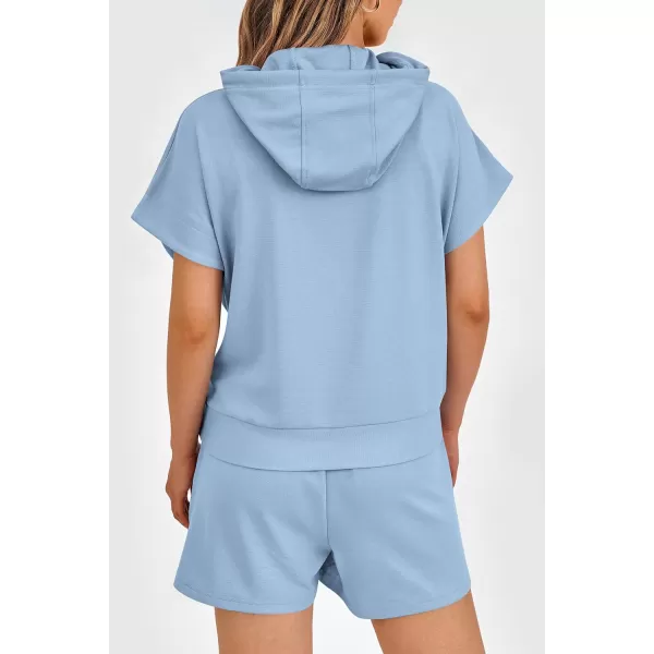 imagePRETTYGARDEN Womens 2 Piece Outfits Summer Cap Sleeve Hoodie Tops And Lounge Shorts Sweatsuits SetsLight Blue