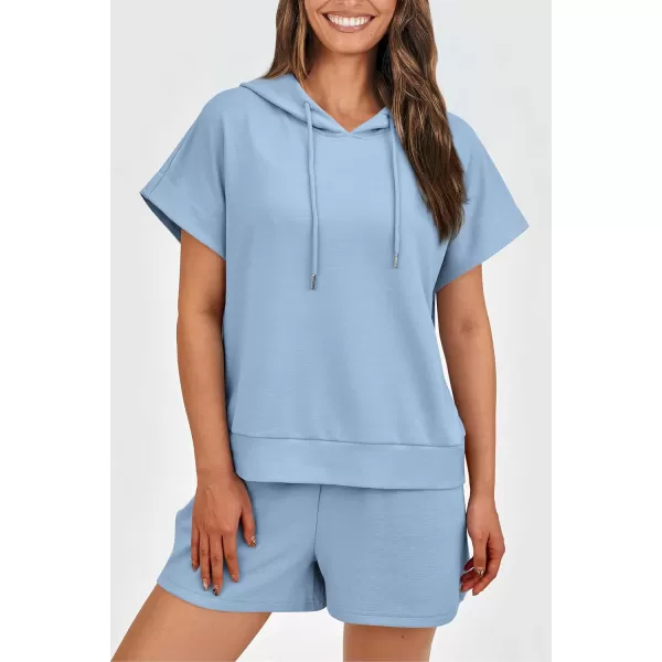 imagePRETTYGARDEN Womens 2 Piece Outfits Summer Cap Sleeve Hoodie Tops And Lounge Shorts Sweatsuits SetsLight Blue