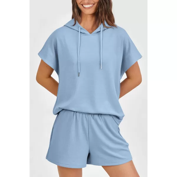 imagePRETTYGARDEN Womens 2 Piece Outfits Summer Cap Sleeve Hoodie Tops And Lounge Shorts Sweatsuits SetsLight Blue