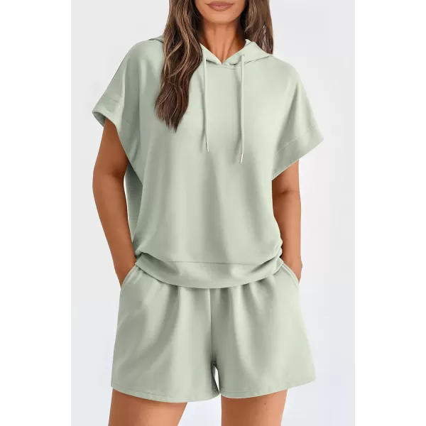 imagePRETTYGARDEN Womens 2 Piece Outfits Summer Cap Sleeve Hoodie Tops And Lounge Shorts Sweatsuits SetsLight Green